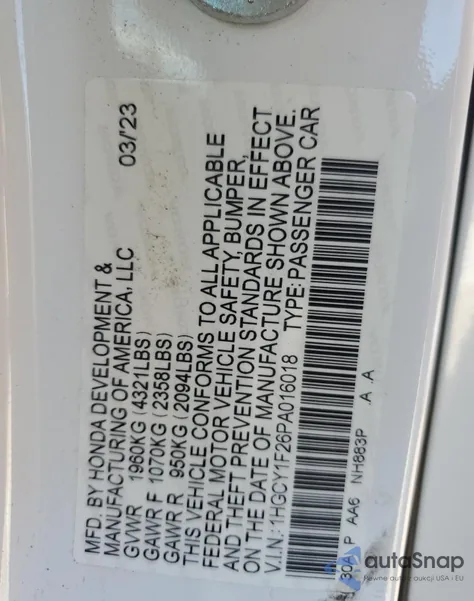 2023 Honda Accord Lx из США, поврежденный, VIN 1HGCY1F26PA016018